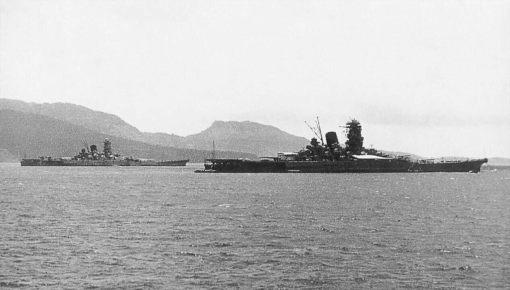 The Yamato-class Battleships Yamato and Musashi moored in Truk Lagoon, in 1943
